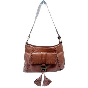 Etienne Aigner Brown Leather Shoulder Bag Purse Gold Bronze Hardware Tassels